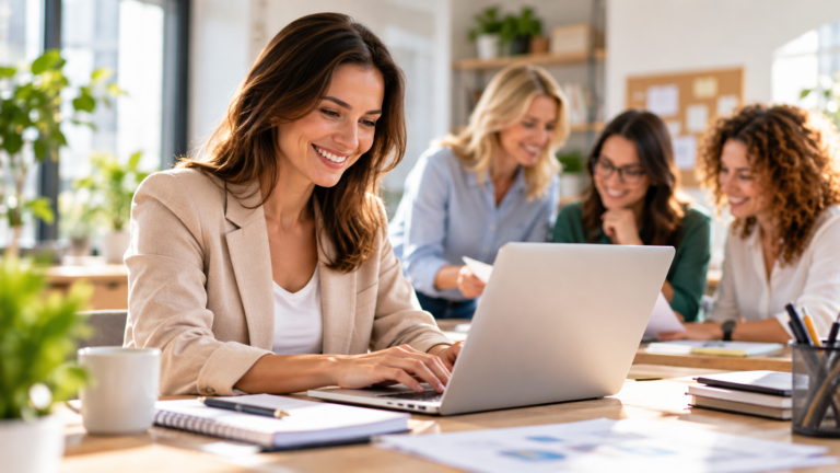 Uśmiechnięta kobieta pracuje przy laptopie w jasnym biurze, a w tle trzy kobiety wspólnie analizują dokumenty, symbolizując aktywizację zawodową i rozwój kompetencji.
